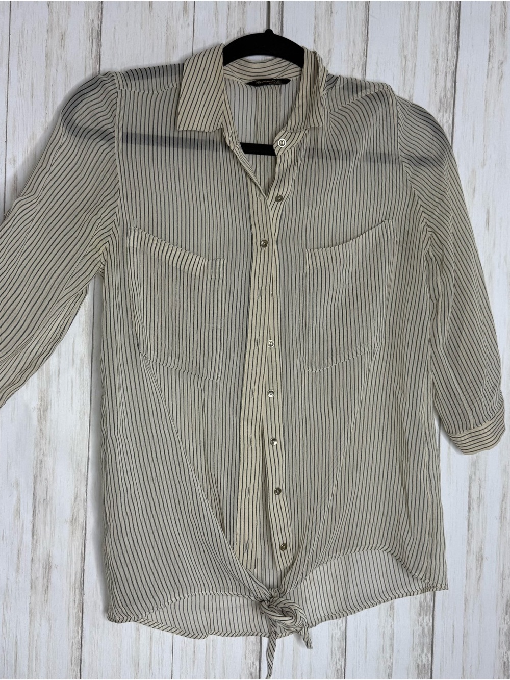 Massimo Dutti Beige Striped Tie-Hem Button-Down Shirt